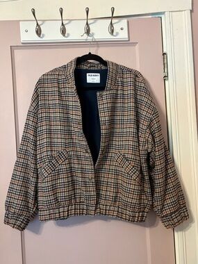 Old Navy Plaid Bomber Jacket Women’s Large Petite Brown Houndstooth